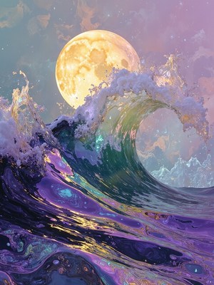 Vibrant ocean wave under a glowing full moon