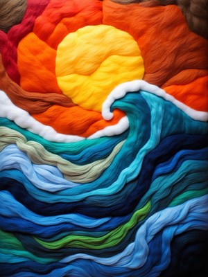 Vibrant sunset and wave crafted from colorful fibers