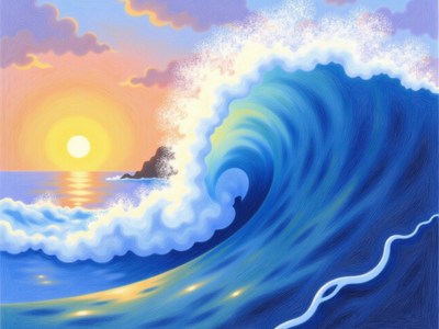 Colorful sunset over ocean wave with gentle surf