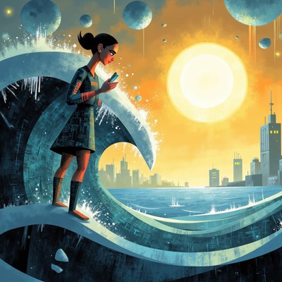 Young girl stands on a wave while looking at her phone