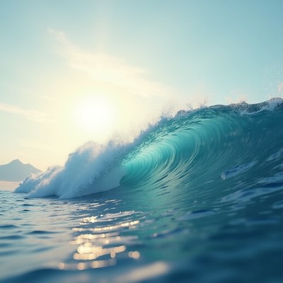 Vibrant wave crashing under bright clear sky at sunset