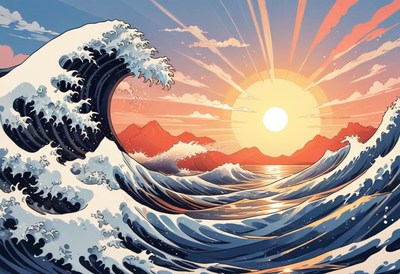 Vibrant sunset over ocean waves with mountain backdrop