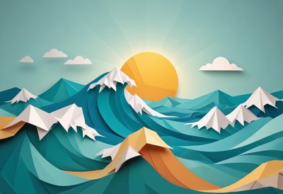 Colorful paper waves and sun at sunrise over mountains
