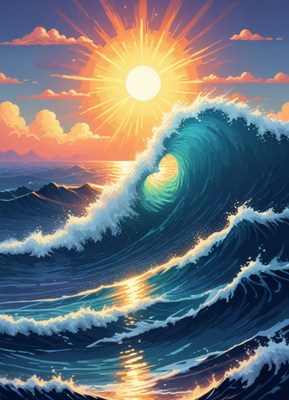 Majestic waves crashing under a vibrant sunset