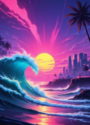 Vibrant sunset over city skyline and crashing waves