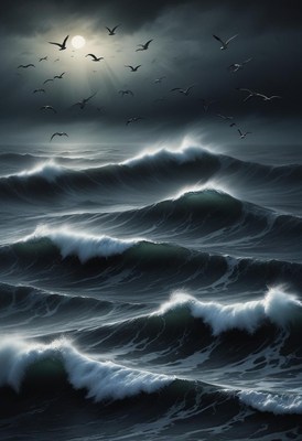 Dark waves and moonlight illuminate stormy ocean night