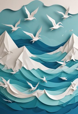 Birds soar over stylized waves and mountains in artwork