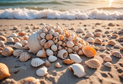 Seashells scattered on a sandy beach at sunset