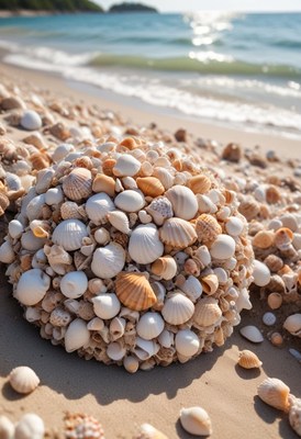 Unique shell formation on sandy beach during sunny day