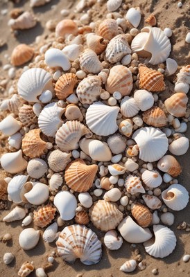 Variety of seashells arranged on sandy beach