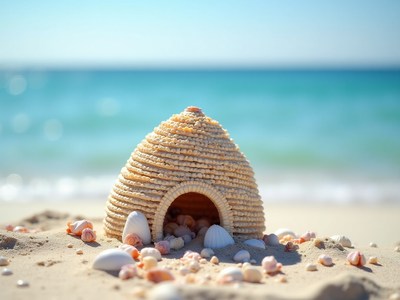 Beachside shell house made from seashells on sand