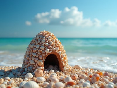 Creative shell structure on serene beach at daytime