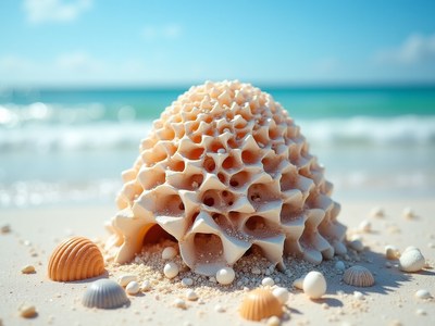 Coral structure surrounded by seashells at the beach