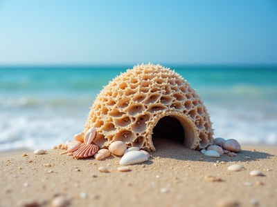 Shell structure on sandy beach by the ocean