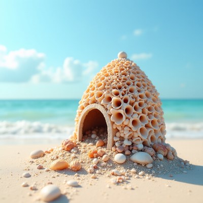 Shell house on sandy beach creates a whimsical scene