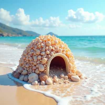 Unique shell structure on sandy beach by ocean waves