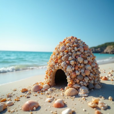 Shell structure on sunny beach beside calm waters