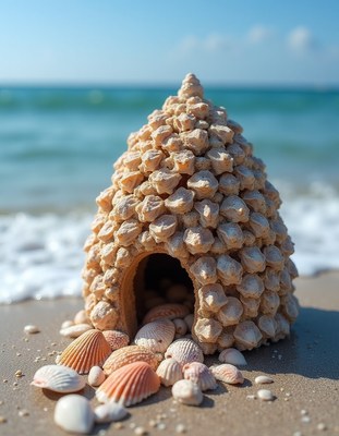 Shell house on sandy beach near ocean waves