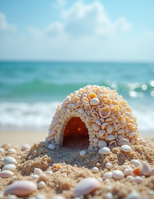 Creative shell igloo built on a sunny beach