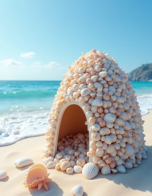 Shell-covered structure beside sparkling ocean on beach