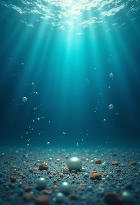 Bubbles rising in serene underwater scene with light rays