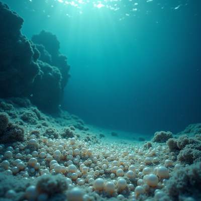 Underwater view revealing bubbles and coral formations