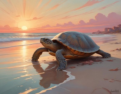 Turtle walking along the beach at sunset