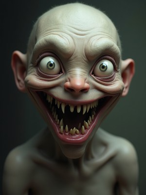 Unsettling humanoid figure with exaggerated features