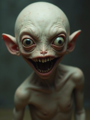 Bald gremlin creature grinning menacingly
