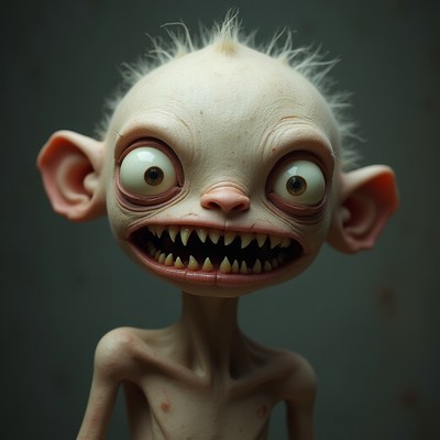 Creepy bald boy grinning with sharp teeth