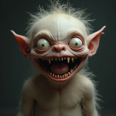 Creepy white gremlin grinning with fangs