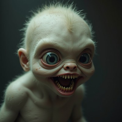 Creepy baby screaming with sharp teeth