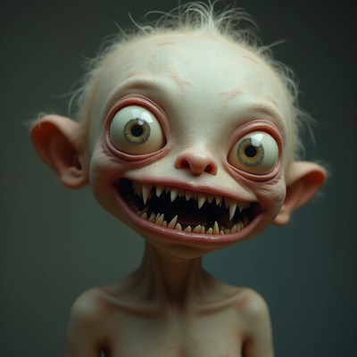 Creepy wide-eyed goblin grinning