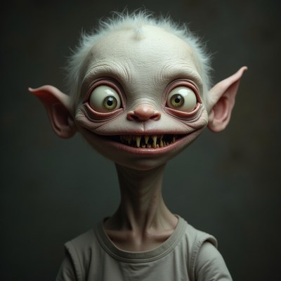 Creepy white elf with bulging eyes