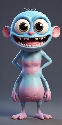 Playful blue creature with big eyes and smile