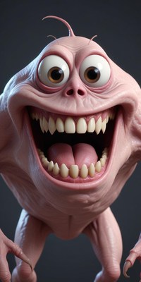 Character with exaggerated features displays joy