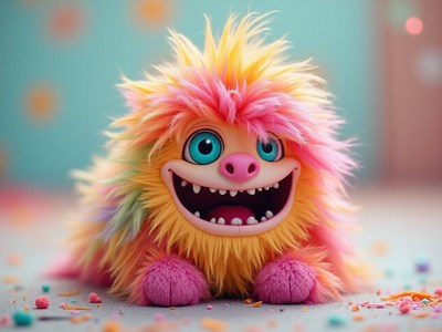 Colorful plush creature with a playful expression