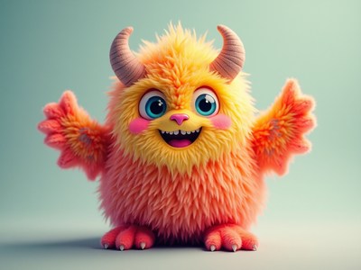 Bright and fluffy monster character with happy expression
