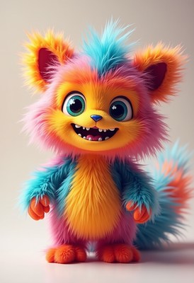 Colorful fluffy creature smiling with vibrant fur