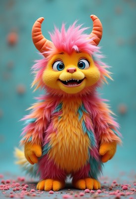 Colorful cartoon creature stands on textured background