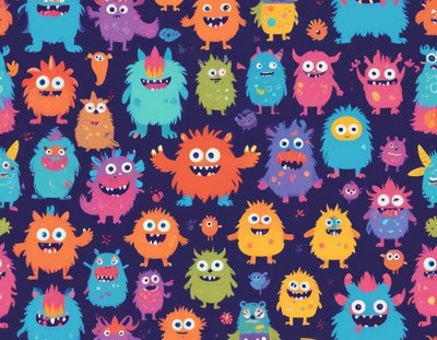 Colorful collection of cartoon monsters on dark background