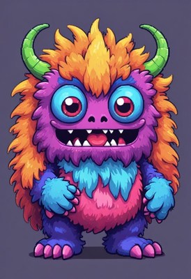 Playful, vibrant cartoon monster with fluffy fur