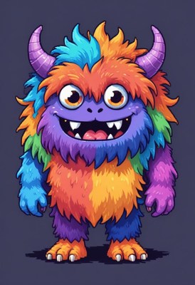 Colorful furry monster with horns and big eyes smiles