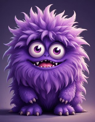 Cute purple monster with fluffy fur and big eyes