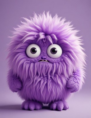 Cute purple furry monster with big eyes stands still