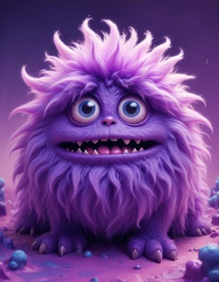 Cute purple monster with fluffy fur and big eyes