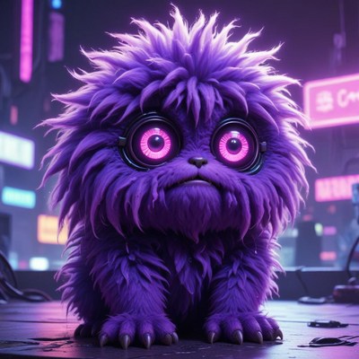 Cute purple fluffy creature with big eyes in neon city