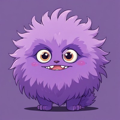 Cute purple fluffy creature posing happily