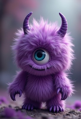 Cute purple monster with one eye and fluffy fur
