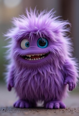 Colorful purple furry monster with big eyes smiles happily